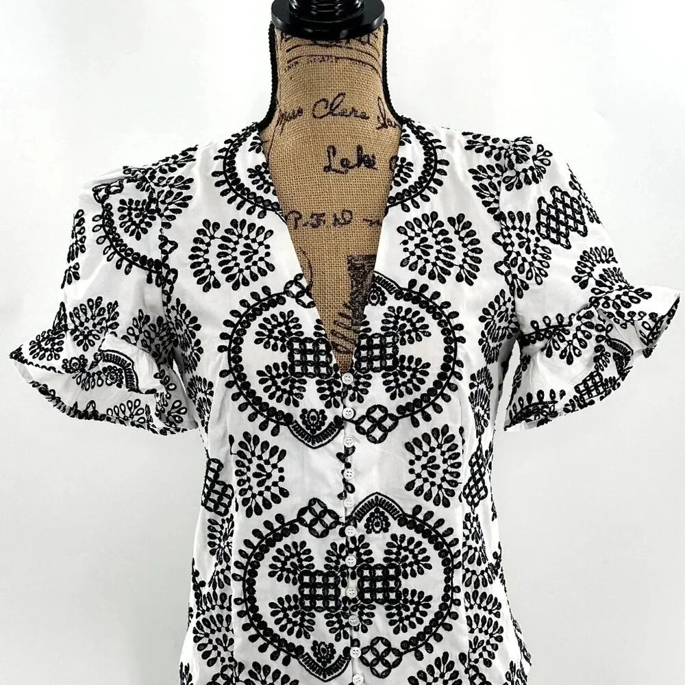 Zara Top Womens Small S‎ Embroidered Black Puff Flare Short Sleeve Blouse Boho